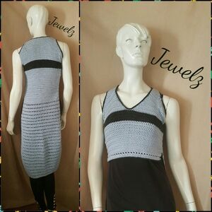 Handmade Crochet V-Neck Tank Dress in Light Gray and Black